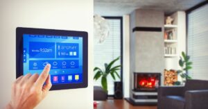 Automação residencial de luxo controlada por smartphone, ideal para casas inteligentes e sofisticadas.