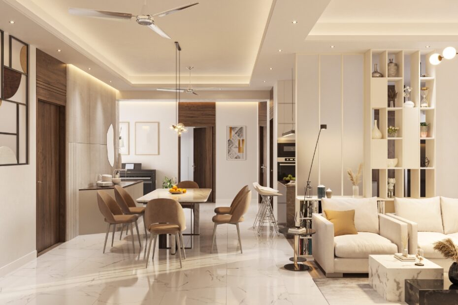 Móvel planejado de alto padrão em sala de estar sofisticada, com acabamento em madeira e detalhes luxuosos.