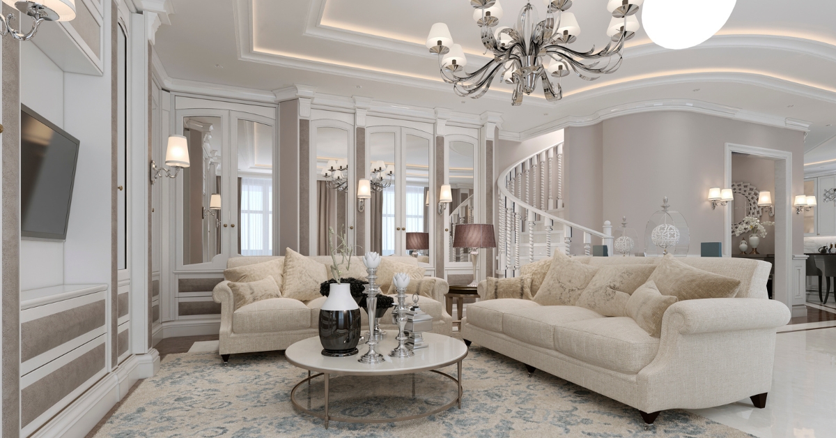 Sala de Estar Luxuosa com Tons Neutros em Alta