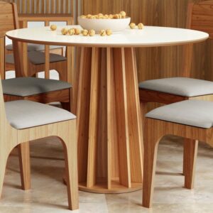 Mesa de Jantar Redonda 105cm para 4 Lugares Dalla Costa - Off White/Freijó