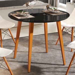 Mesa de Jantar Redonda Com Vidro 90 Cm Pés de Madeira e Tampo em MDF (Preto)