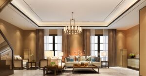 Lustre moderno e elegante com design arrojado, iluminando uma sala de jantar contemporânea com sofisticação e estilo.