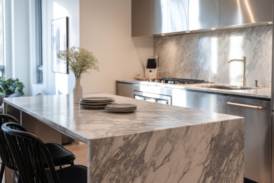 Bancada de cozinha americana moderna, funcional e estilosa, otimizada para espaços pequenos e integrados.