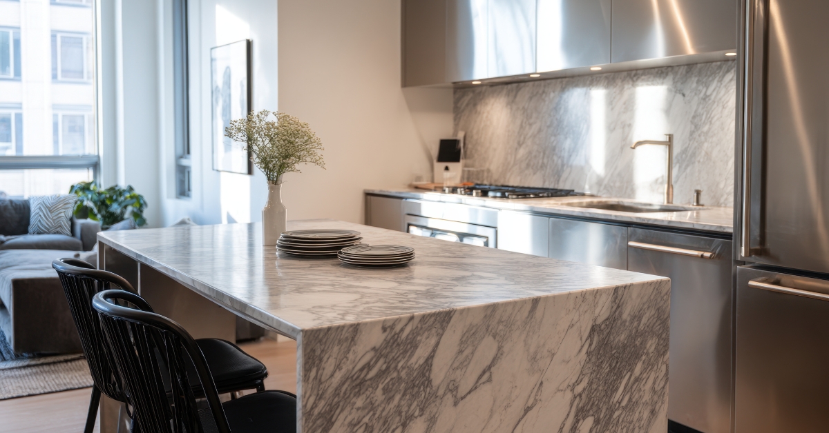 Bancada de cozinha americana moderna, funcional e estilosa, otimizada para espaços pequenos e integrados.