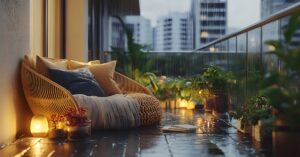 Varanda pequena decorada com plantas, criando um ambiente verde e acolhedor.