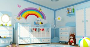 Jogo de quarto para bebê completo com berço, cômoda, trocador, poltrona de amamentação e iluminação suave para criar um ambiente seguro e aconchegante.