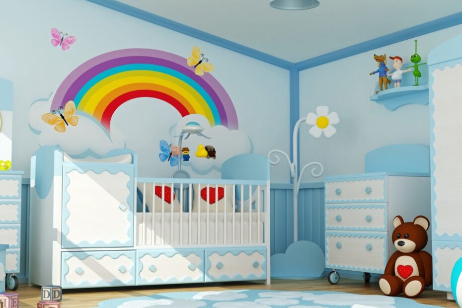 Jogo de quarto para bebê completo com berço, cômoda, trocador, poltrona de amamentação e iluminação suave para criar um ambiente seguro e aconchegante.