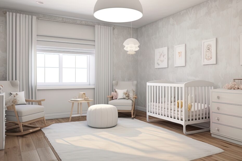 Kit de quarto de bebê completo com berço, cômoda, trocador e poltrona de amamentação para criar um ambiente seguro e funcional.