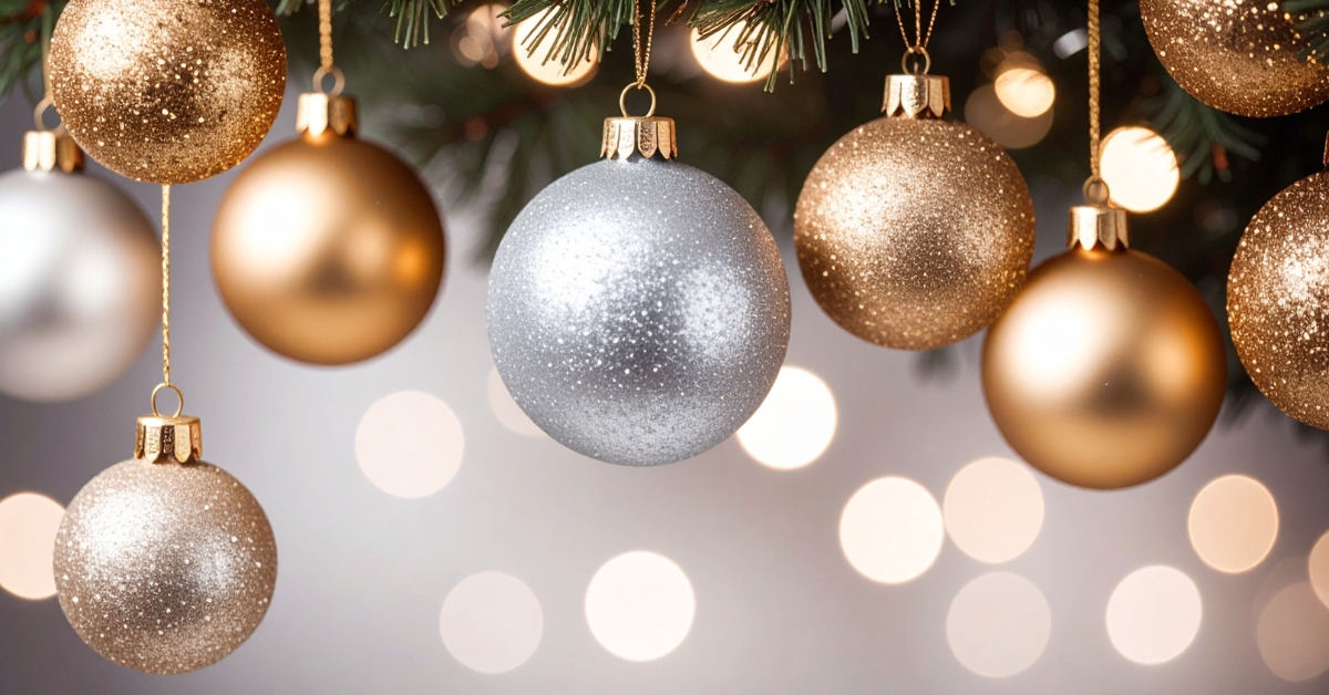 Enfeite de Natal em árvore decorada com luzes, bolas e laços, criando um ambiente festivo e acolhedor para as celebrações.