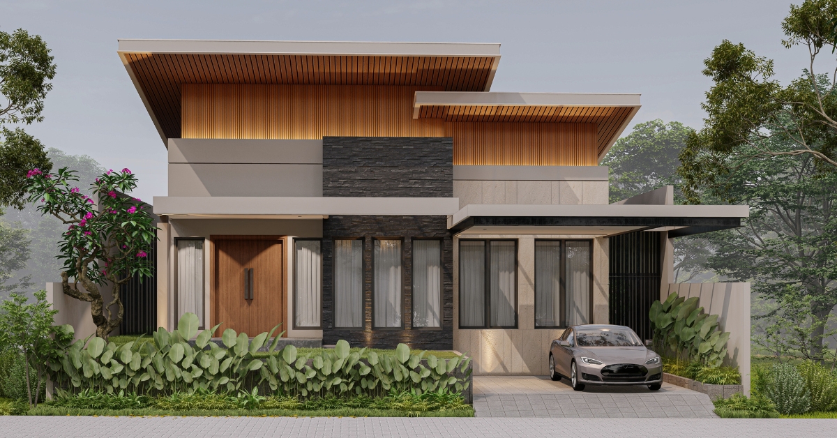 Fachada de casa pequena moderna com linhas verticais, porta em destaque, iluminação quente e jardim linear