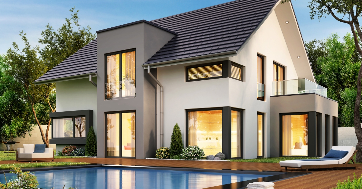 Fachada de casa moderna simples com design minimalista, linhas retas e paisagismo frontal.