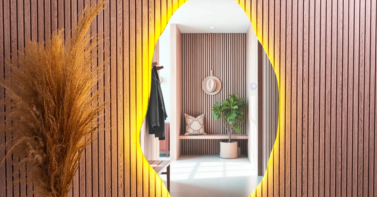 Espelho orgânico com LED e formato irregular iluminando parede de ambiente moderno com decoração sofisticada.