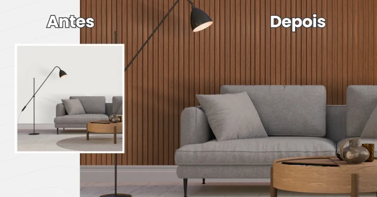 Sala decorada com painel ripado autocolante amadeirado premium, criando ambiente luxuoso e moderno sem obra.