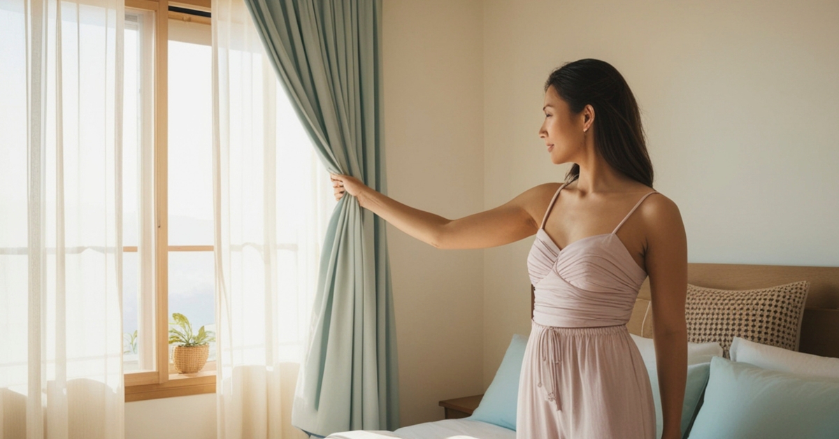 Cortina persiana para quarto moderna com tecnologia celular bloqueando luz solar intensa em ambiente decorado e fresco.