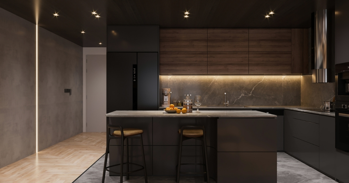 Cozinha com ilha moderna e funcional, oferecendo praticidade, estilo e integração com outros ambientes da casa.