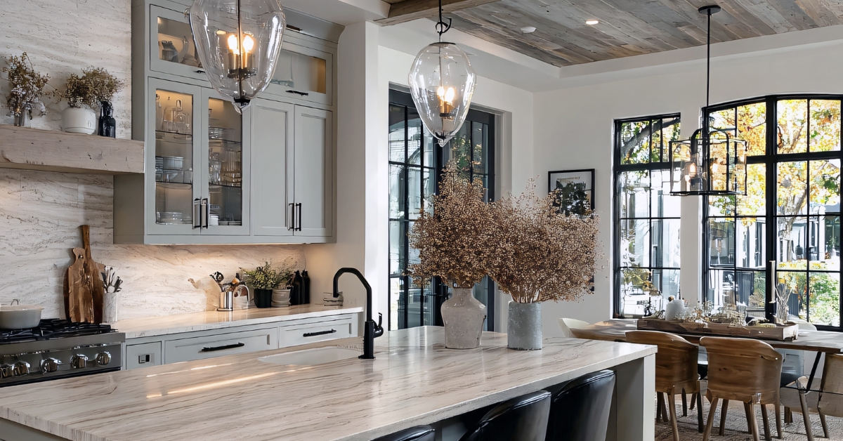 Cozinha moderna e sofisticada exibindo uma luminária para cozinha pendente sobre a ilha central e spots de luminária de embutir no teto de gesso.