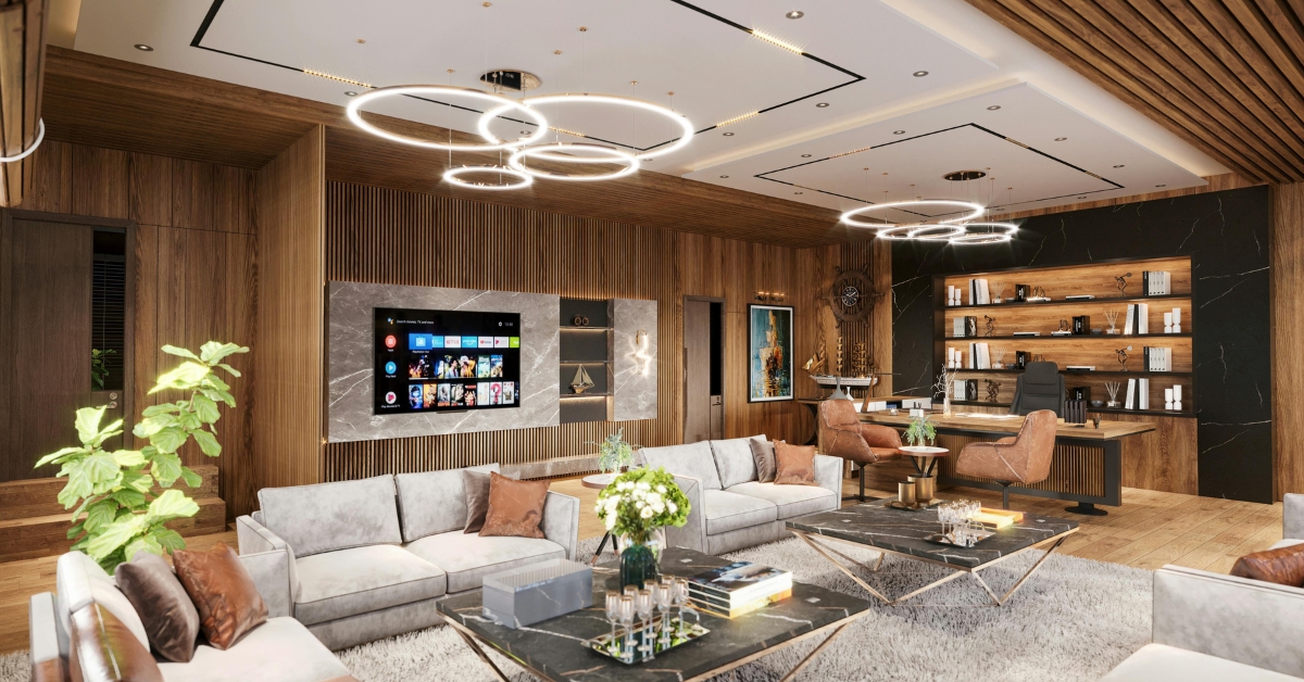 Sala moderna decorada com painel ripado laminado autocolante amadeirado, exibindo acabamento liso e sofisticado.