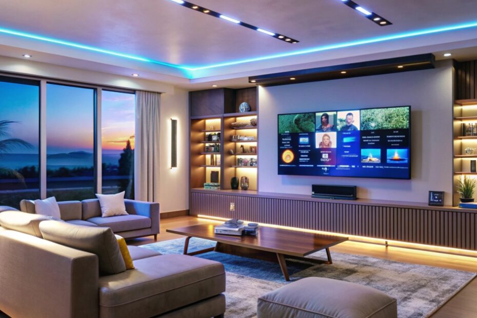 Sala decorada com sofisticação apresentando um moderno painel para tv grande em madeira ripada e luz LED, integrando uma tela de 75 polegadas com elegância.