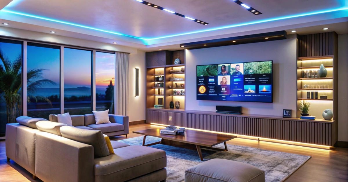 Sala decorada com sofisticação apresentando um moderno painel para tv grande em madeira ripada e luz LED, integrando uma tela de 75 polegadas com elegância.